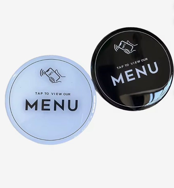NFC Menu Disc in white and black, showing Tap to View Our Menu design